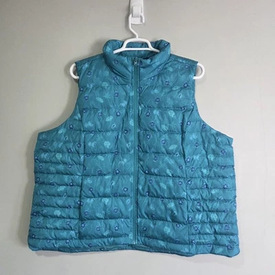 Lands End Womens 3X Zip Front Down Puffer Vest Teal Green Floral Print Pockets - Image 1 of 4