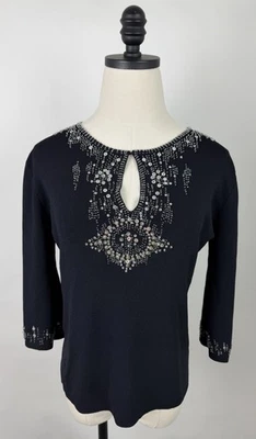 Top tejido vintage con cuentas para mujer manga 3/4 grande lentejuelas cuello cerradura negro Foto 1 de 4