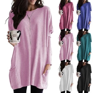Women's Tunic Baggy T-Shirt Pockets Casual Long Sleeve Pullover Blouse Oversized - Picture 1 of 16