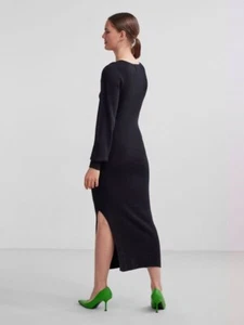 PIECES knitted maxi dress size S black stretch bodycon side slit - Picture 1 of 11