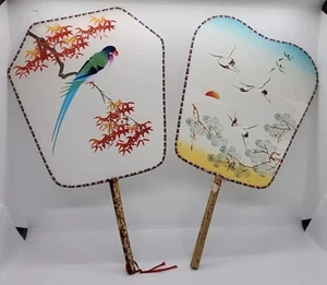 Lot of 2 Vintage Chinese hand fans. Stretched Silk. Painted. Birds & Trees - Picture 1 of 22