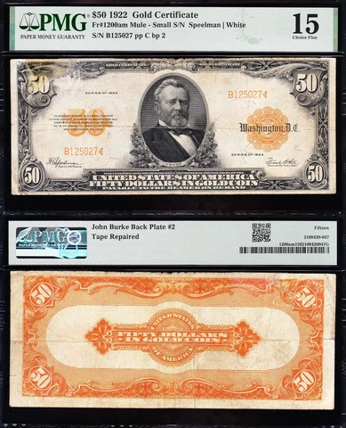 RARE Fr. 1200a "MULE" 1922 $50 GOLD CERTIFICATE! "small serial nos." PMG 15! Cover