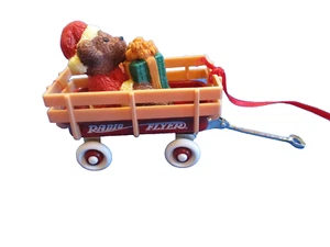 Radio Flyer Red Wagon Christmas Ornament Little Red Wagon Teddy Bear w/Santa hat - Picture 1 of 5