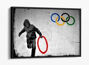 BANKSY OLYMPIC RINGS -FLOAT EFFECT CANVAS WALL ART PIC PRINT- RED YELLOW BLUE - Picture 1 of 12