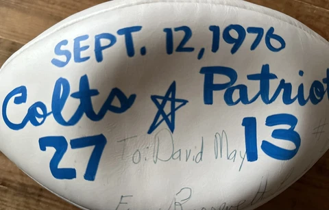 Indianapolis Colts vs Patriots NFL Game Ball Roosevelt Leaks Football Auto 1976 Cover