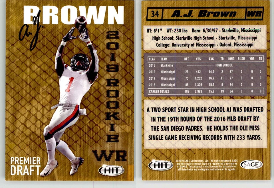 A.J. Brown 2019 SAGE HIT Premier Draft #34 Ole Miss Titans Eagles RC Rookie - Image 1 of 1