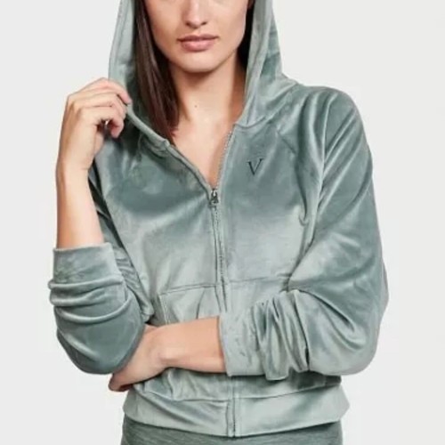 UNDERCOVER Felpa con cappuccio Victoria's Secret velluto zip crop verde salvia donna taglia small