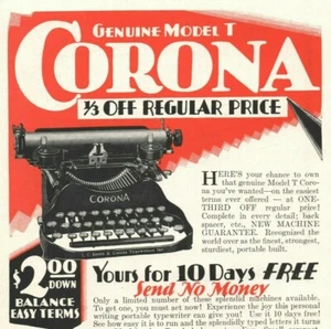 Corona Modell T Schreibmaschine 1929 manuell Vintage Druck Anzeige - Bild 1 von 2