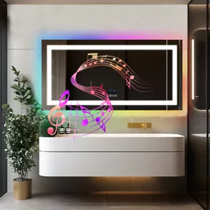 XXL Bluetooth LED Bathroom Mirror Front-lit RGB Backlit Wall Defog Vanity Mirror - Picture 1 of 28