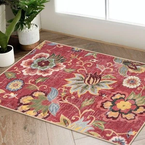Floral Kitchen Rugs Non Slip Washable 2x3 Red Ultra Thin Small Rugs for Entry... - Picture 1 of 8