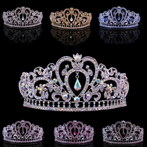 6.5cm Tall Heart Flower Leaf Full Crystal Tiara Crown Wedding Prom - 12 Colours - Picture 1 of 16