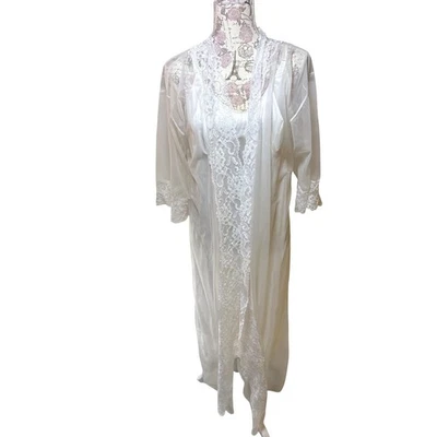 Vintage White Nylon Lace Trim Slip Robe Set L Large Matching Nightgown - Image 1 of 4