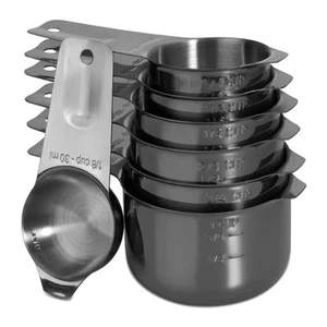 Set of 7 Heavy Duty Measuring Cups, 18/8 Stainless Steel with Ring Connector,... - Picture 1 of 9