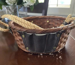 Cesta de mimbre vintage imitación cuero herramienta artesanía costura carrito cuerda mango Japón - Imagen 1 de 9