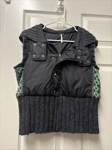FREE PEOPLE Puffer Vest Sweater Knit Hood Black Gray Green Aztec Size L Hoodie - Picture 1 of 9