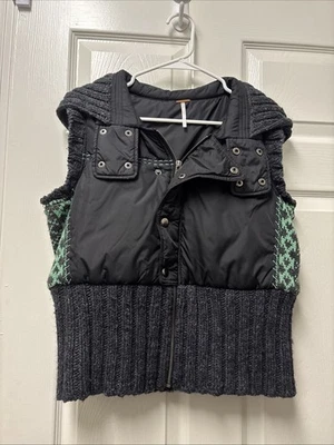 FREE PEOPLE Puffer Vest Sweater Knit Hood Black Gray Green Aztec Size L Hoodie - Image 1 of 4