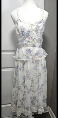 70s Vintage Gunne Sax Jessica MIDI Peplum White Voile Blue Floral Sundress Sz 11 - Image 1 of 4