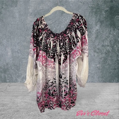 Cato Women's Top Plus 20-24W Ivory Pink Black The Best Flowy Peasant Fairy - Image 1 of 4