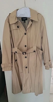London Fog Women's Tan Long Trench Rain Coat With Hood And Belt, Size XL  - Image 1 of 4