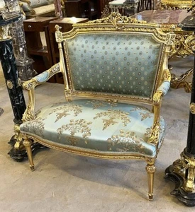 Baroque Style Big Sky Blue and Gray Damask Chair With Gold Details Furniture - Picture 1 of 4