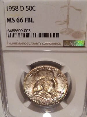 1958-D NGC MS 66 FBL FRANKLIN HALF DOLLAR  **PQ RAINBOW TONE - FULL BELL LINES** - Image 1 of 4