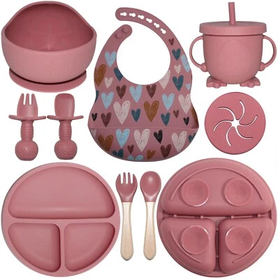 Juego de alimentación de silicona para bebés 10 piezas utensilios de destete plato para bebé babero cuenco cuchara taza Foto 1 de 4