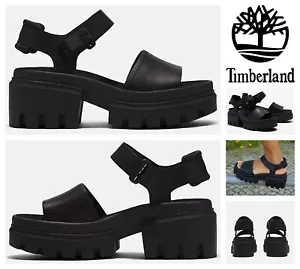 Timberland Everleigh Ankle Strap Sandals Womens Size 9.5 Black Leather NEW $110 - Picture 1 of 15