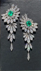 Simulated 35.89TCW Emerald & Sapphire Unique Floral Stud Dangle Wedding Earrings - Picture 1 of 6