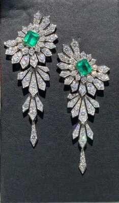 Simulated 35.89TCW Emerald & Sapphire Unique Floral Stud Dangle Wedding Earrings - Image 1 of 4