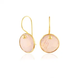 Round Shape Milky Opalite Quartz Yellow Gold Plated Bezel Dangle Hook Earrings - Picture 1 of 3