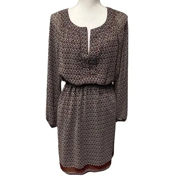 Max Studio Geometric Print Long Sleeve Chiffon Dress Burgundy & Gray Size Medium - Image 1 of 4