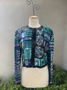 Vtg Glam Jacket Colorful Sequins Beads Small Laurence Kazar - Picture 1 of 12