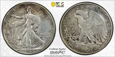 1916 Walking Liberty meio dólar, 50c, PCGS AU58 escudo de ouro, frete grátis - Imagem 1 de 3