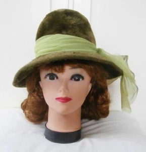 Vintage 1960's Retro 1920's Olive Green Rabbit Fur Wool Felt Cloche Dress Hat - Picture 1 of 7