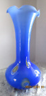 Murano Italian Hand Blown Blue Glass Millefiori Vase white lined Scalloped Rim