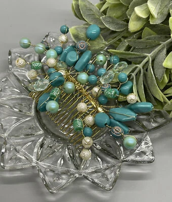 Acessórios de cabelo turquesa para casamento nupcial pente de videira feito à mão 3,5” metal dourado - Imagem 1 de 3