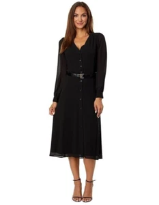 Michael Kors Women's Kate Belted Button-Down Midi Dress, Black, Size M - Picture 1 of 3