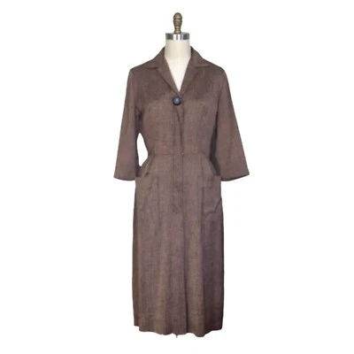 Vestido de Dia Marrom Vintage Anos 1950 | Vestido de Dia Gabardine Marrom Vintage Anos 1950  - Imagem 1 de 4