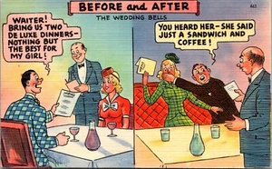 The Wedding Bells Before and After Comic Linen Postcard - Picture 1 of 2