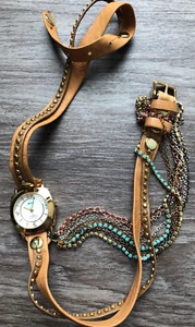 LA MER COLLECTIONS Women's Tan Leather Wrap Chain Watch with Teal Stones NEW - Picture 1 of 5