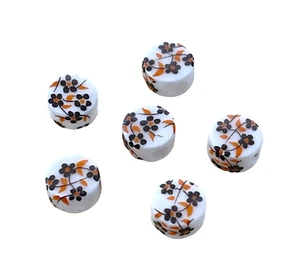 36 Ceramic 9x5.3mm Flat Round Coin Brown Gold Plum Flower Two Sided Design Beads - Picture 1 of 3