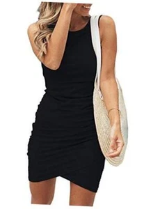 Women 2024 Summer Sleeveless Tank Dresses Crew Neck Slim Fit Medium Black - Picture 1 of 7