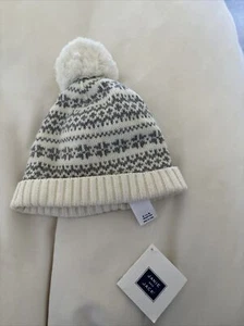 Janie And Jack Fair Isle Beige And Gray Pom Pom Beanie Cap - Picture 1 of 3