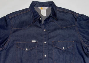 VINTAGE 1990s CARHARTT DENIM SHIRT! COWBOY STYLE/SNAP-UP/YOKE/DEEP COLOR 17.5x36 - Picture 1 of 10