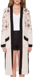 Willow & Clay Anthropology Sz L Embroidered Robe Kimono Natural Black Trim EUC! - Picture 1 of 12