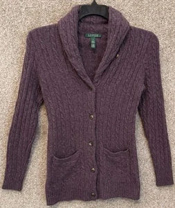 Lauren Ralph Lauren Womens Small Purple Wool Rabbit Cable Knit Cardigan Sweater - Picture 1 of 14