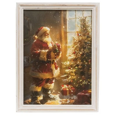 NEW Primitive PRINT SANTA & TREE Framed 15.5" H x 12" W Christmas Retro Look Foto 1 de 2