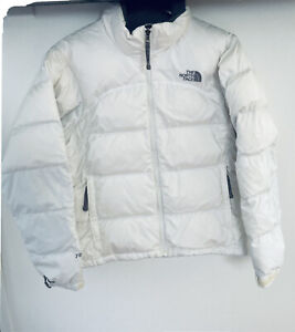 white and grey north face jacket