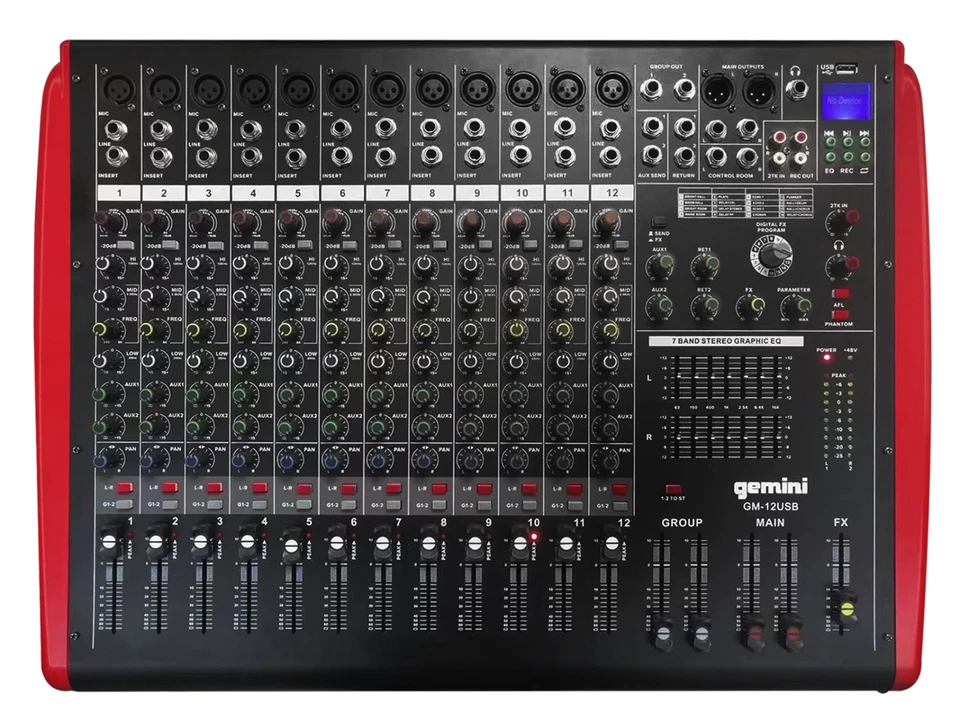 Gemini GM-12USB Mezclador Compacto 12 Canales con Bluetooth, USB, 48V Alimentación, 16 FX DSP Foto 1 de 3