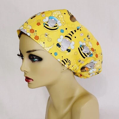 Women Scrub Hats, Surgical Caps, Yellow Gnomes,  Nurses Hat, Medical, USA Made - Image 1 of 4